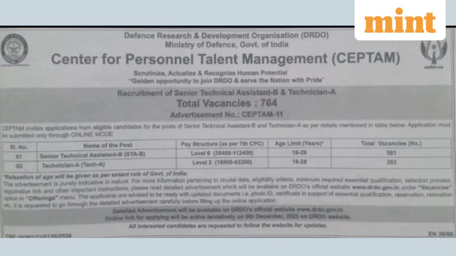 DRDO CEPTAM 11 Recruitment 2025: Notification released for 764 vacancies — How to apply on drdo.gov.in?